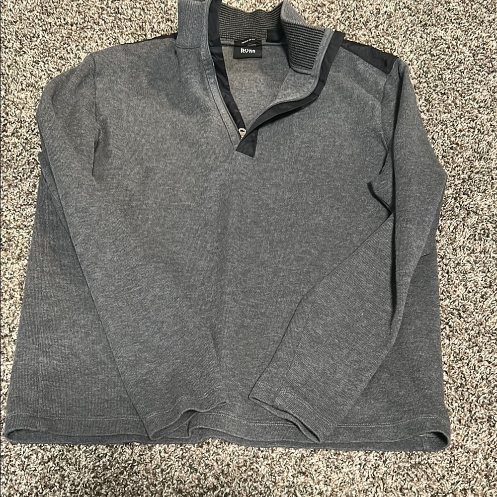 Boss Gray Zip Up Sweater with Stand-Up Collar